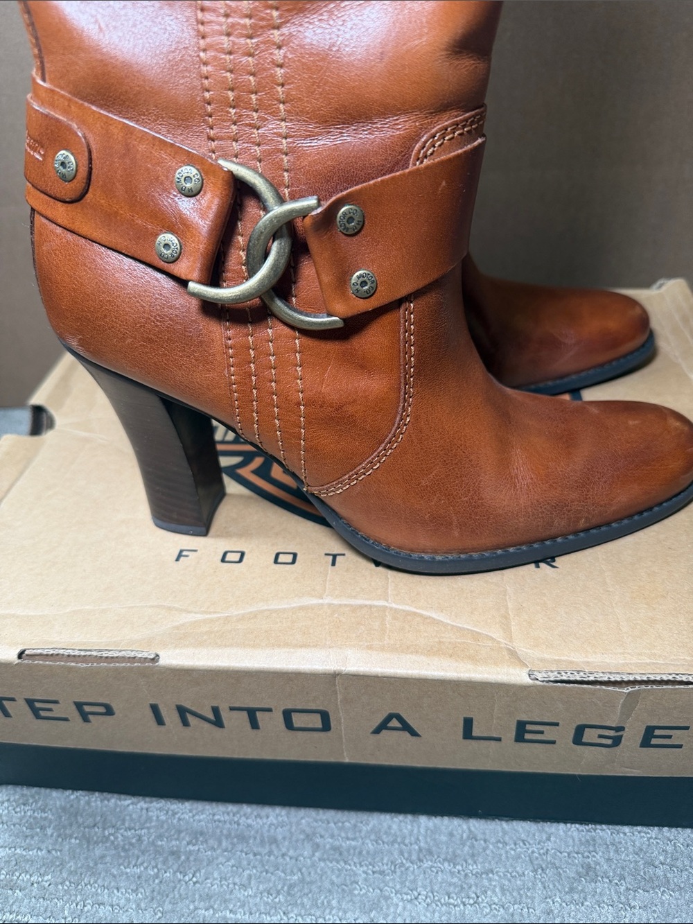 Harley-Davidson Brown Leather Mid-Calf Heeled Boots with Harness Accent - Picture 3 of 10